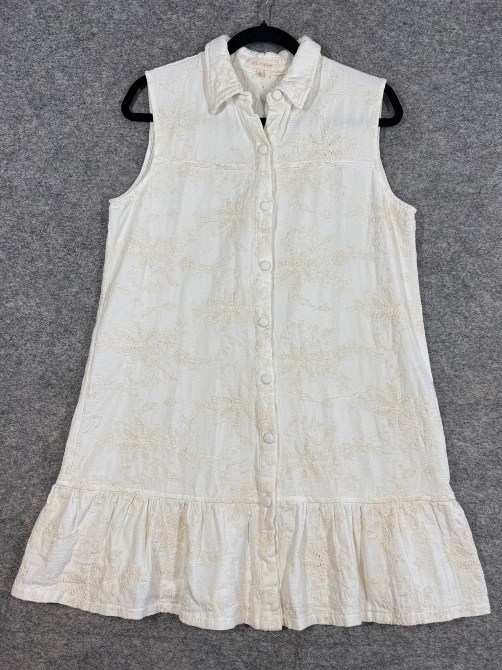 Solitaire Eyelet Embroidered Mini Dress  Large Sleeveless Ruffle Hem Boho Chic